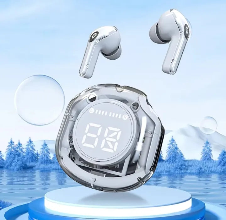 Transparent LED Display Bluetooth Earbuds with Super Bass and HD Sound Quality - Waterproof Design