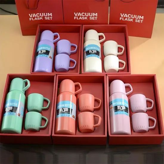 Red Box Vacuum Flask Bottle with 3 Cups and Gift Box